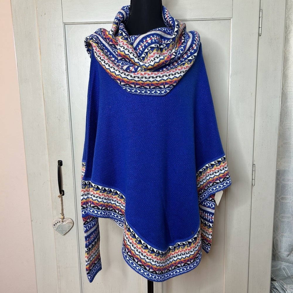 Peruvian Soul Alpaca Blend Poncho Wrap Shawl Blue Trim Boho Chic with sleeve